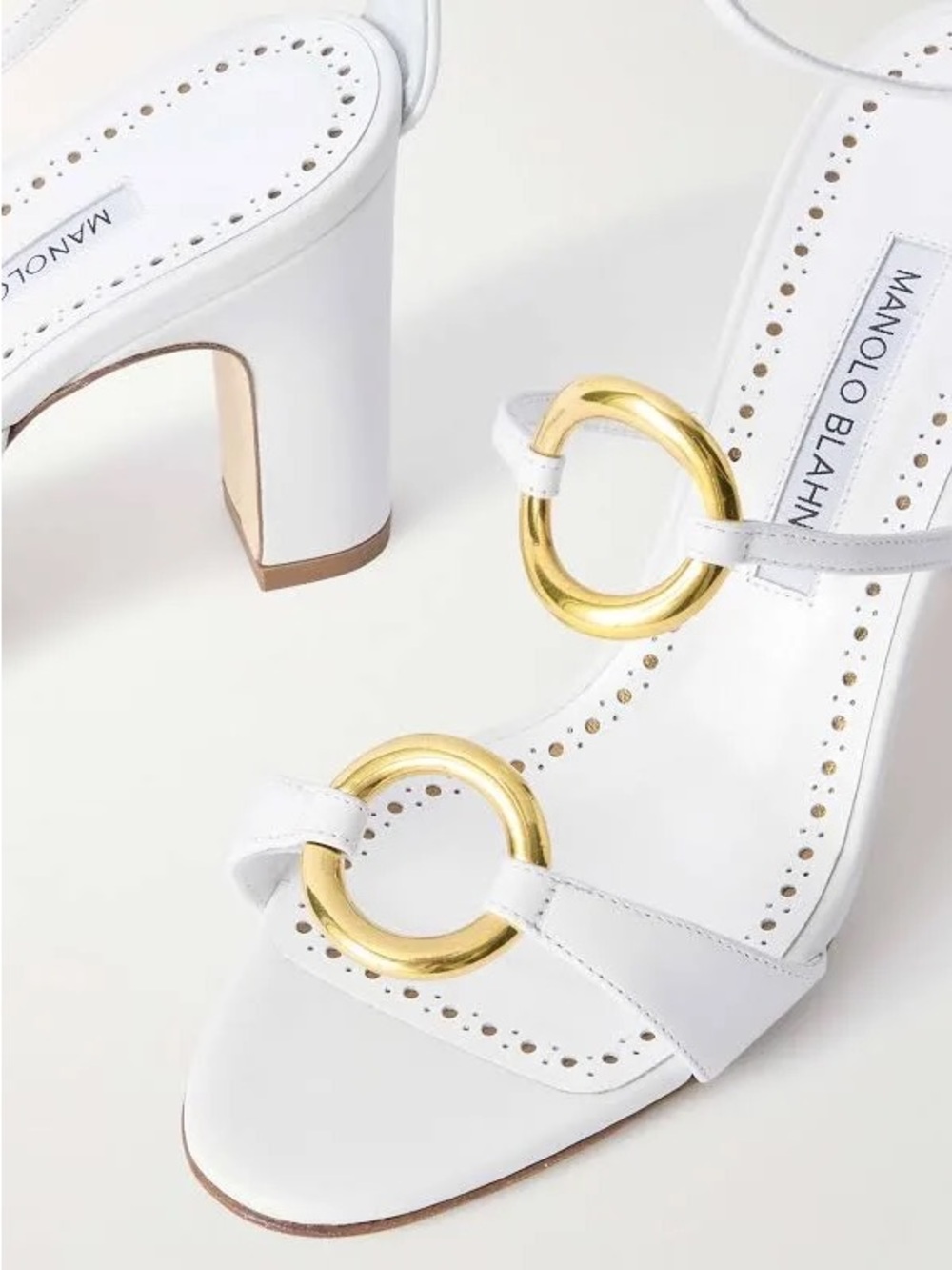 Manolo Blahnik White Leather Sandals with Gold Ring Accents